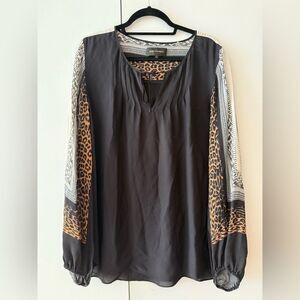 KOBI HALPERIN Flowy Silk Top in Black With Animal Print Detailing Size Large